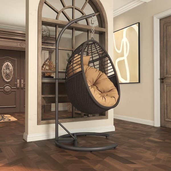 36 in. W Brown Hand-Woven Wicker Metal Outdoor Freestanding Patio Swing Egg Chair with Cushion and Stand