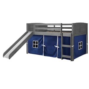 Antique Grey Twin Louver Low Loft Bed with Slide and Blue Tent Kit