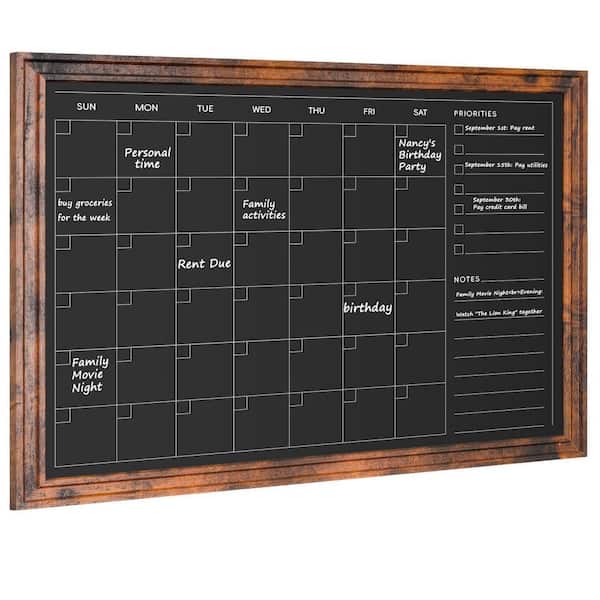 36x24 Inch Magnetic Chalkboard Calendar Wall Hanging Monthly Planner Rustic Brown Frame with 8 Magnets 1 Marker