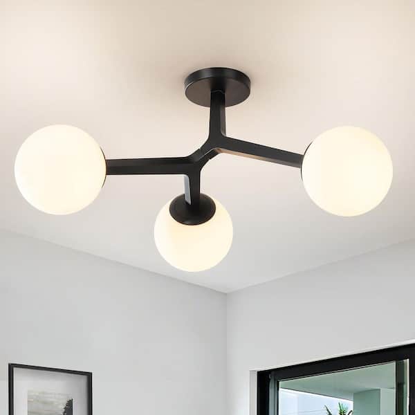 31 in. Semi-Flush Mount Modern Black Sputnik Chandelier with Opal Globe Glass Shade for Living Room, Kitchen, Hallway