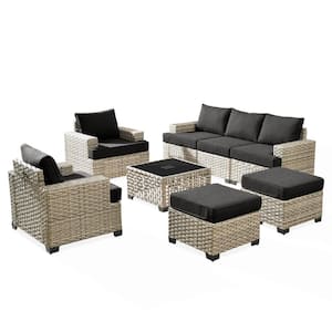 Kelley's 8-Piece Wicker Modern Outdoor Patio Conversation Sofa Seating Set with a LED Table and Black Cushions