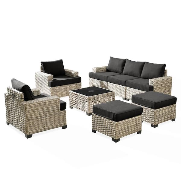 Kelley's 8-Piece Wicker Modern Outdoor Patio Conversation Sofa Seating Set with a LED Table and Black Cushions