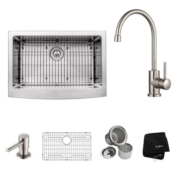 KRAUS All-in-One Farmhouse Apron Front Stainless Steel 30 in. Single Basin Kitchen Sink with Faucet in Stainless Steel