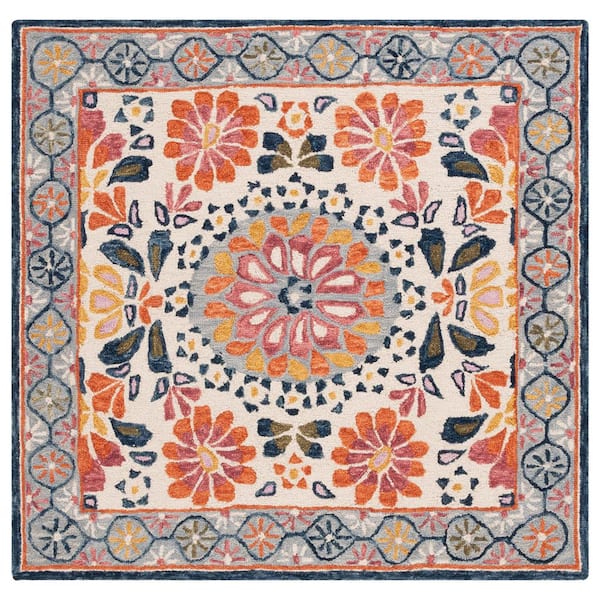 Blossom 6 ft. x 6 ft. Ivory/Red Floral Border Square Area Rug