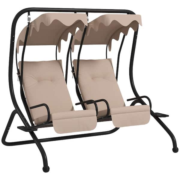 Outsunny Patio Swing Chair with 2 Separate Seats, Outdoor Swing with Removable Canopy and Cup Holders for Porch