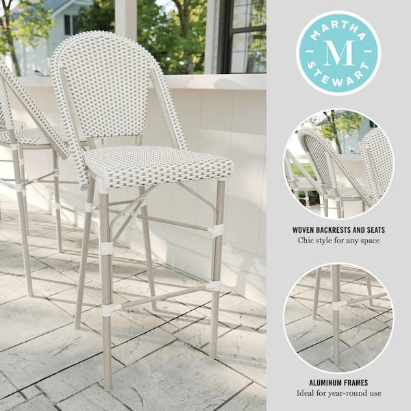 Lily Pond Stackable Aluminum Outdoor Bar Stools with Gray Woodgrain Frames, White/Gray Woven Rattan Backs/Seats, 2-Pack