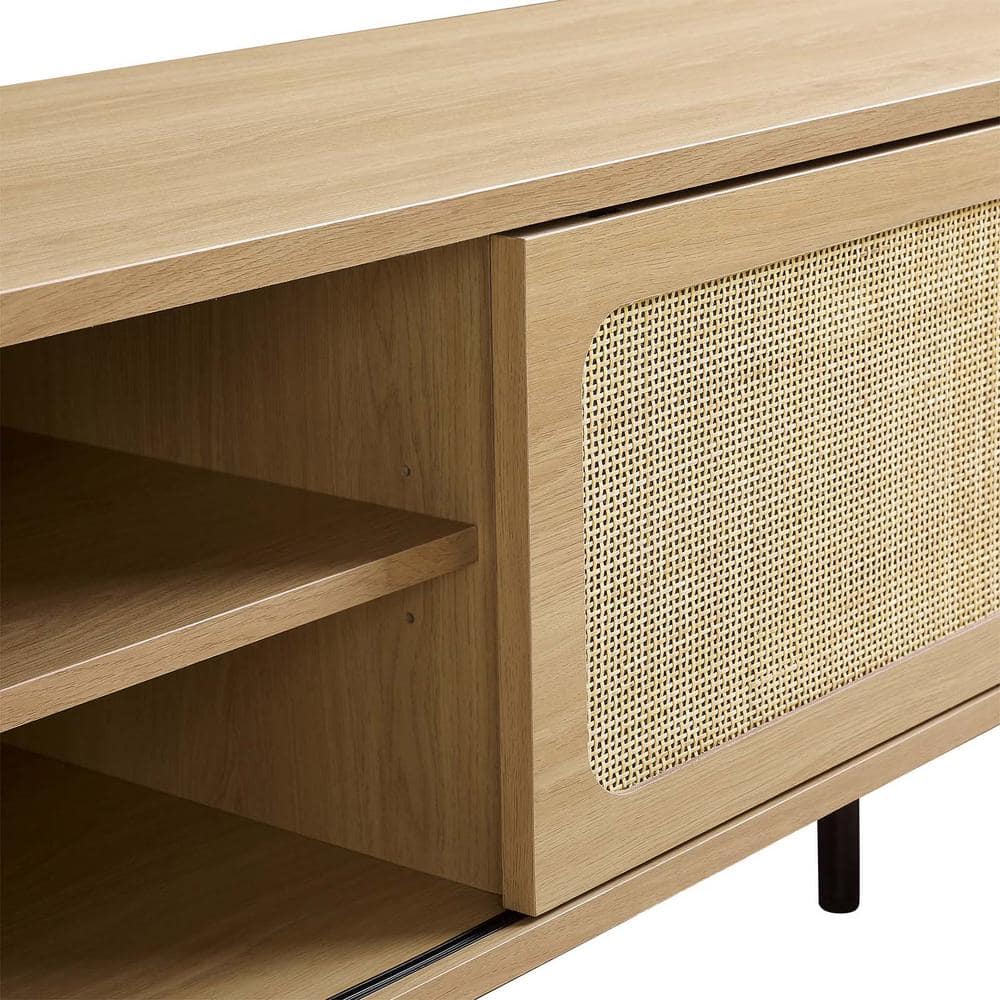 Rustic Oak 47" Media Console with Rattan Cabinet and Metal Legs