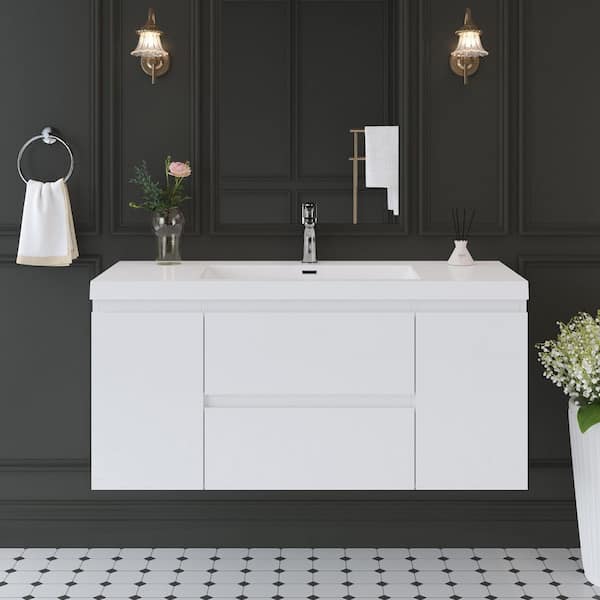 Luxe Aura 48 in. W x 20 in. D x 22.5 in. H Single Sink Floating Bath Vanity in White with White Resin Top