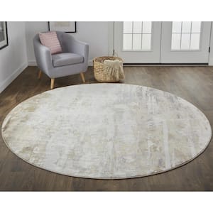 Frida Ivory/Brown 8 ft. Round Distressed Polyester Area Rug