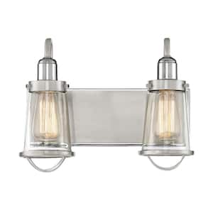 Lansing 13.5 in. W x 10 in. H 2-Light Satin Nickel/Polished Nickel Bathroom Vanity Light with Clear Glass Shades