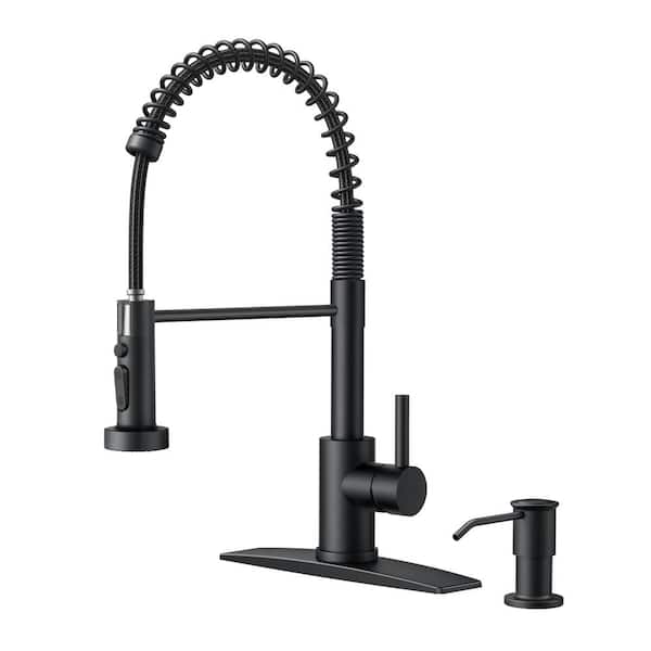 androme Single-Handle Pull Down Sprayer Kitchen Faucet Coil Spring Gooseneck with Soap Dispenser Stainless Steel in Matte Black
