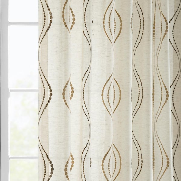 Suez Bronze Striped Embroidered Rod Pocket Sheer Curtain 50 in. W x 84 in.  L (Panel 1)