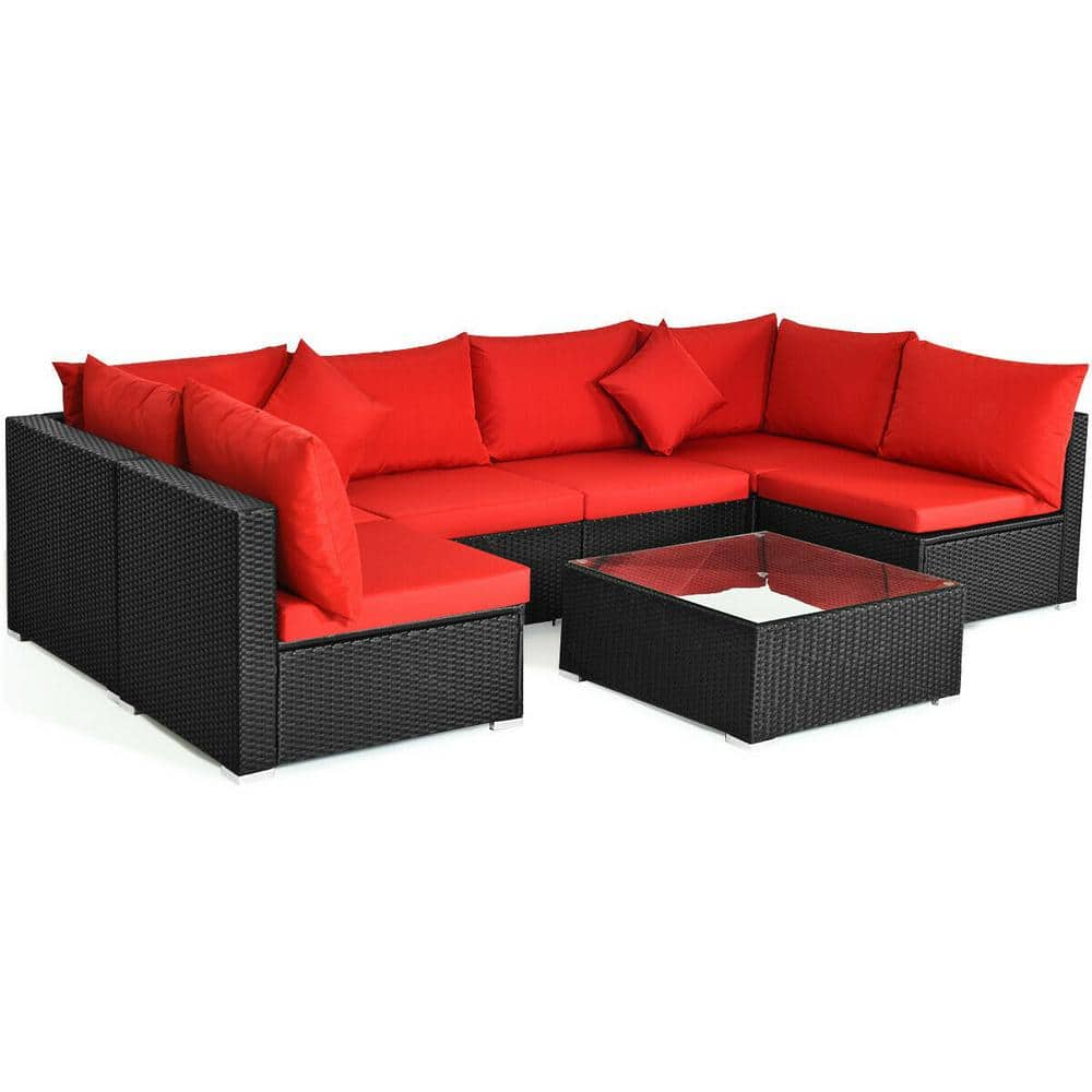 7-Piece Wicker Patio Conversation Set with Tempered Glass Top and Red Cushions -  ANGELES HOME, CK67-HW770RE+