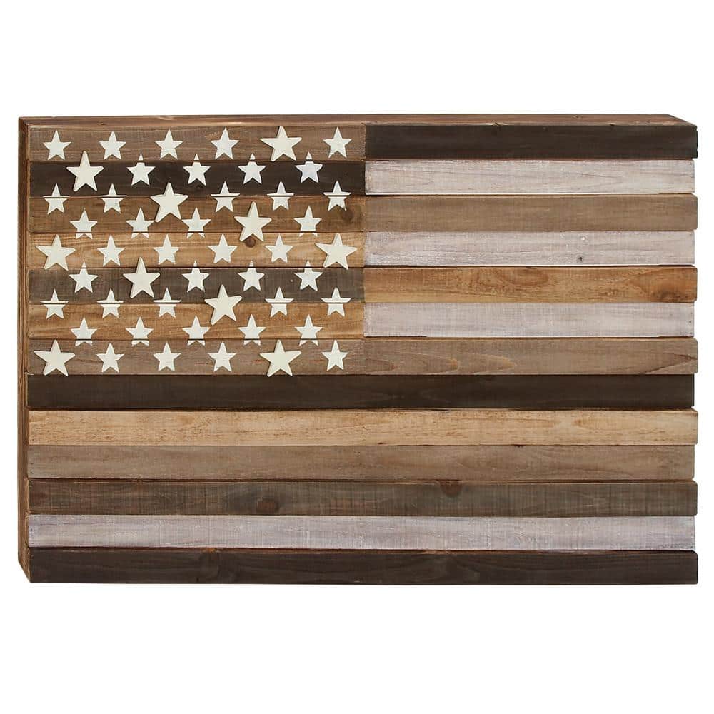 Handmade Washed Brown and Cream Wood American Flag Wall Decor