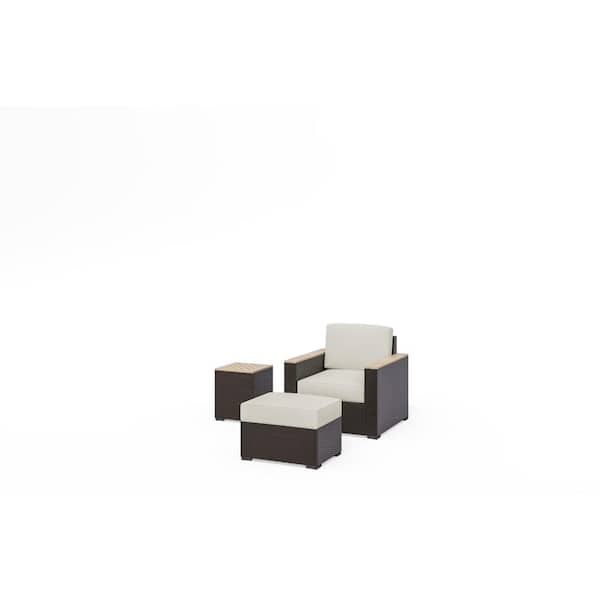 HOMESTYLES Palm Springs Brown Stationary Wicker Rattan Outdoor Lounge Chair and End Table with Tan Cushions