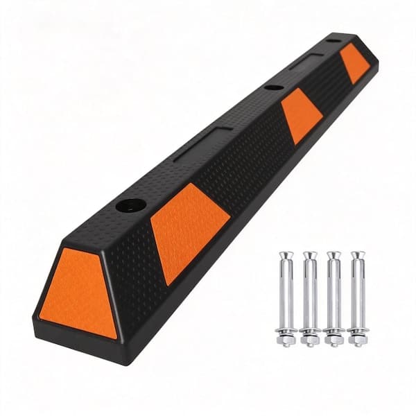 Rubber Parking Curb Wheel Stopper, 72 in, Bolt-Down Non-Slip, Reflective Safety Stripes for Garage