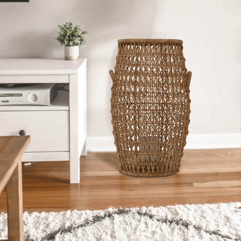 Elysian 26'' Hand-Woven Rattan & Water Hyacinth Candle Lantern with Glass Insert