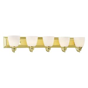 Fairbourne 36 in. 5-Light Polished Brass Vanity with Satin Opal White Glass