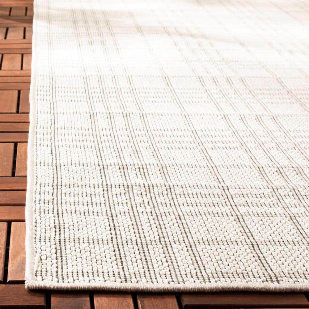 Ivory and Light Grey Square Synthetic Flat Woven Rug