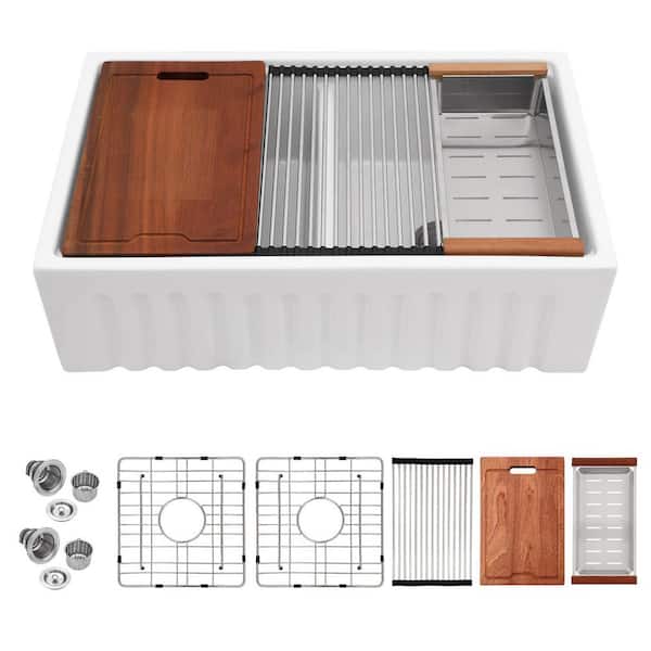 33 in. Farmhouse Apron-Front Kitchen Sink Double Bowl 50/50 Workstation Reversible White Fireclay Sink with Accessories