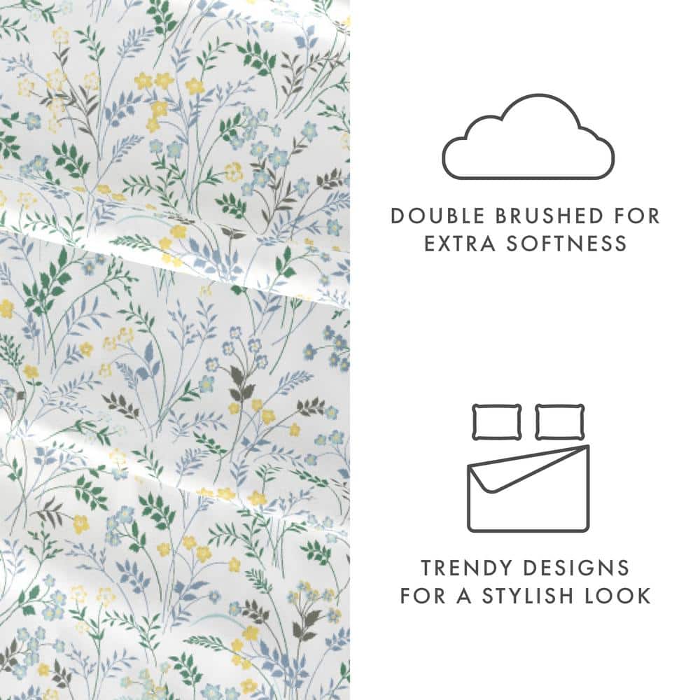 Light Blue Floral Twin Microfiber Sheet Set with Deep Pockets