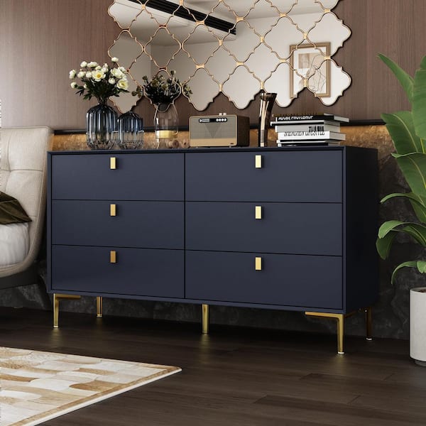 FUFU&GAGA White 6-Drawers 55.1 in. Width Classic Wooden Dresser, Chest of Drawers, Storage Cabinet with Golden Legs and Handles