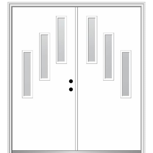 Davina 60 in. x 80 in. Left-Hand Inswing 3-Lite Frosted Glass Primed Fiberglass Prehung Front Door on 4-9/16 in. Frame