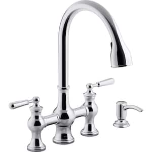 Capilano 2-Handle Bridge Farmhouse Pull-Down Kitchen Faucet with Soap Dispenser and Sweep Spray in Polished Chrome