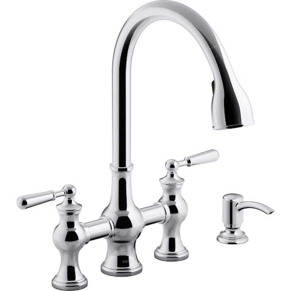 KOHLER Capilano 2-Handle Bridge Farmhouse Pull-Down Kitchen Faucet with Soap Dispenser and Sweep Spray in Polished Chrome