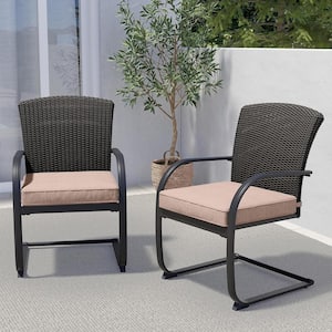 Beige Full Metal Iron Rattan C-Shape Outdoor Dining Chair with Cushion (2-Pack)