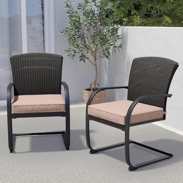 Yangming Beige Full Metal Iron Rattan C-Shape Outdoor Dining Chair with Cushion (2-Pack)
