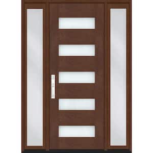 Regency 68 in. x 80 in. 5L Modern Frosted Glass RHIS Chstnt Fiberglass Prehung Front Door w/Dbl 14in.SL, 8011NKL Lockset