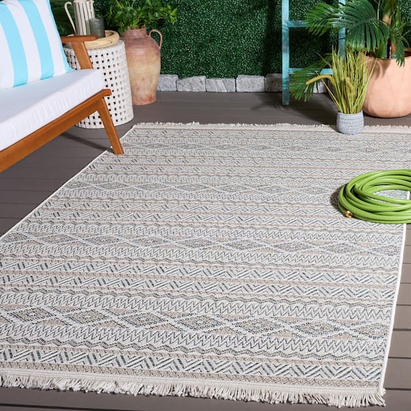 Wicker 7 ft. x 7 ft. Square Aqua/Beige Geometric Striped Indoor/Outdoor Area Rug