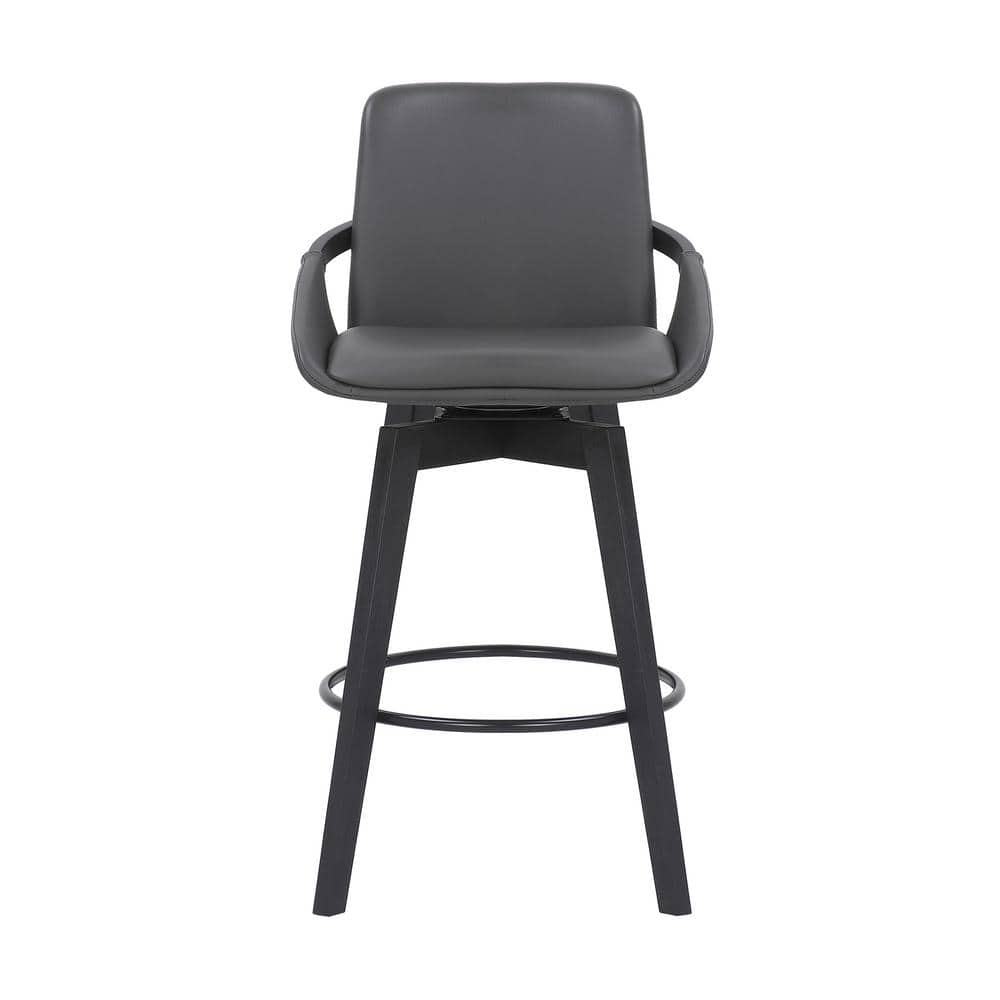 26" Gray Faux Leather and Black Wood Swivel Bar Stool