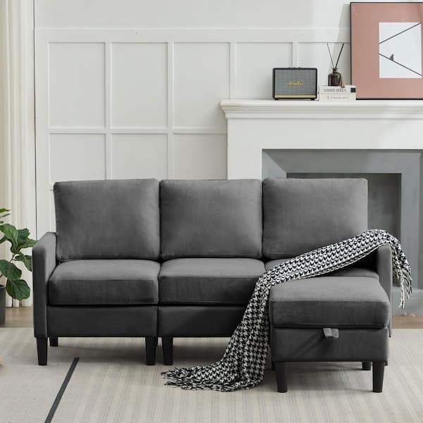 74.8 in. Square Arm Modern Fabric L-Shaped Sectional Sofa With Ottoman in Dark Gray