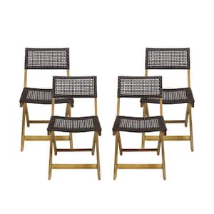 Hillside Teak Brown Folding Wood Outdoor Lounge Chairs in Brown Faux Rattan (4-Pack)