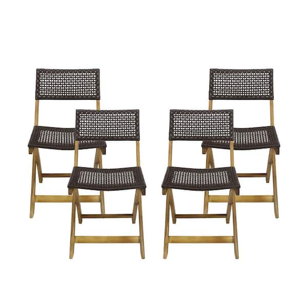 Noble House Hillside Teak Brown Folding Wood Outdoor Patio Lounge Chairs in Brown Faux Rattan (4-Pack)