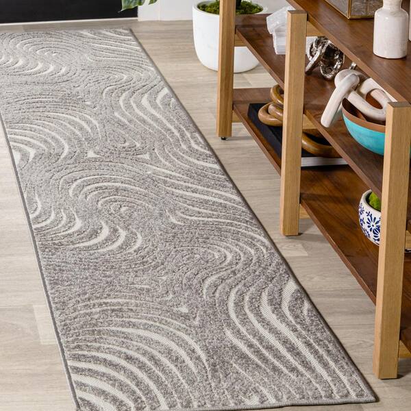 Maribo High-Low Abstract Groovy Striped Gray/Ivory 2 ft. x 8 ft. Indoor/Outdoor Runner Rug