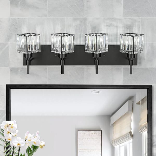 Schonbek 26 in. 4-Light Black Dimmable Bathroom Vanity Light with Crystal Shades