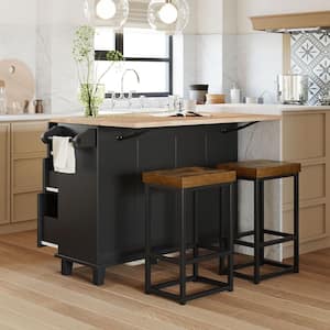 Black Rubber Wood 50.3 in. W Kitchen Island with Drop-Leaf, 2 Dining Stools, 4-Drawer, 2-Door Cabinet and Towel Holder