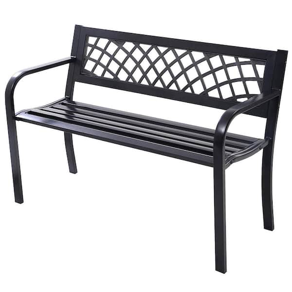 WELLFOR 2-Person Black Metal Outdoor Bench with Back and Arms Modern Weighted Chair