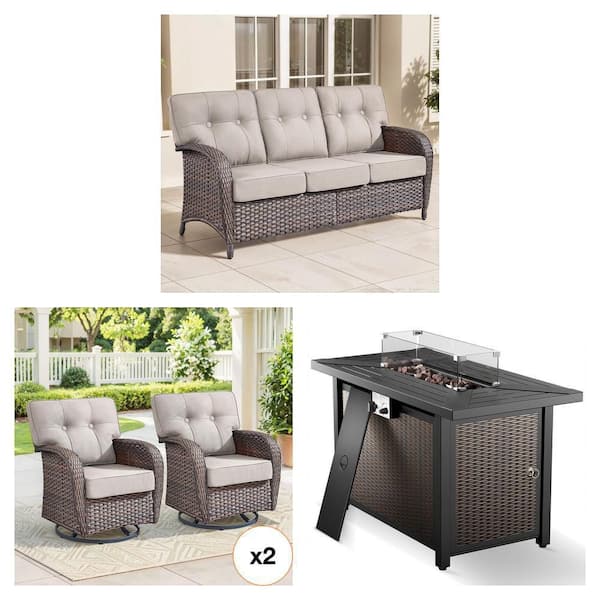 Modern Seaside Wicker 3-Seat Sofa with Beige Cushions and 2-Piece Swivel Rocking Chair Set plus 43 in. Fire Pit Table