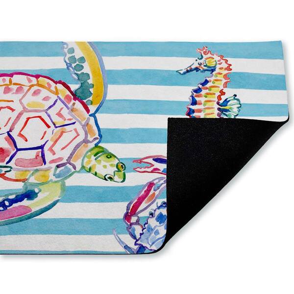 Brushstroke Sea Life on Stripes Blue 18 in. x 30 in. Polyester Non-Slip Outdoor Door Mat