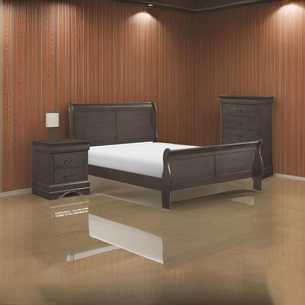 Benjara Fy 3-Piece Stained Gray Wood Full Size Bedroom Set with Modern Brass Metal Handles