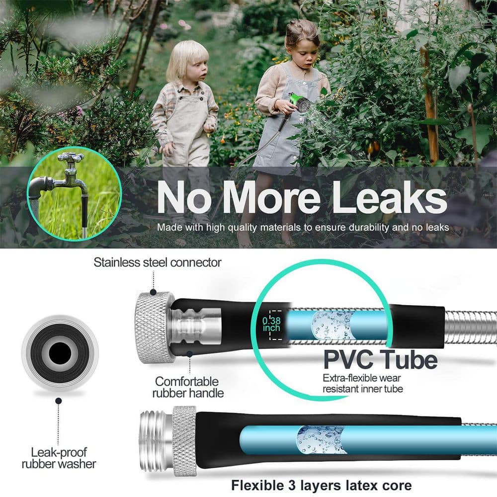 50ft Heavy Duty Stainless Steel Garden Hose with Aluminum Nozzle