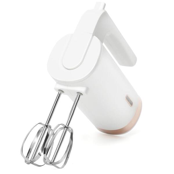 White Cordless 3 Speed Rechargeable Hand Mixer with Dual-Head Whisk and Type-C Charging Cable
