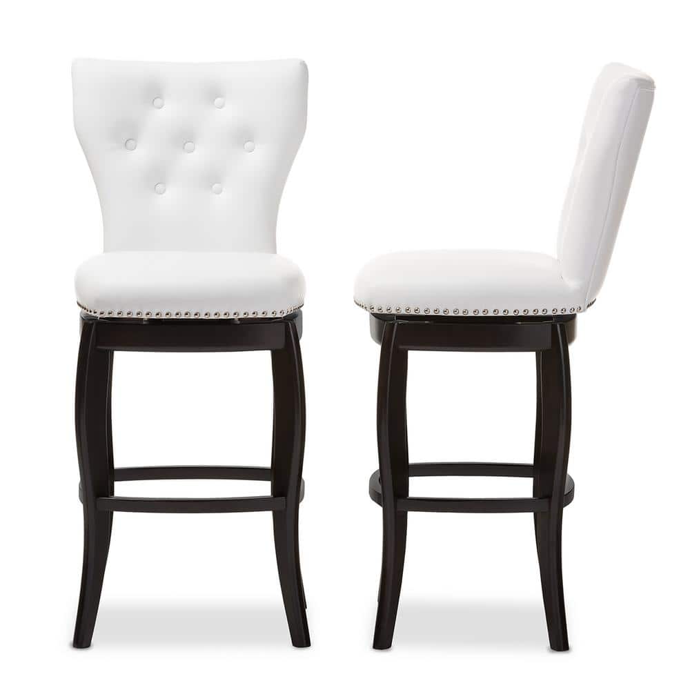 White Faux Leather Button-Tufted Swivel Bar Stools with Dark Wood Legs, Set of 2
