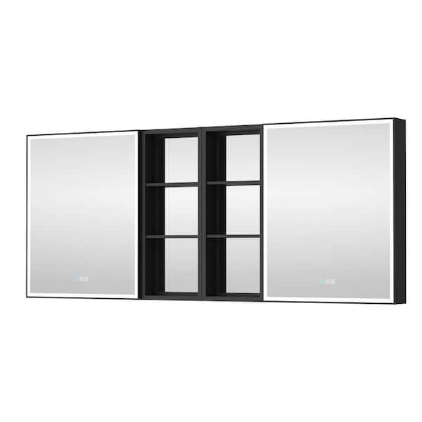72 in. W x 30 in. H Rectangular Black Framed Aluminum Medicine Cabinet with Mirror and LED Light, Recessed/Surface Mount