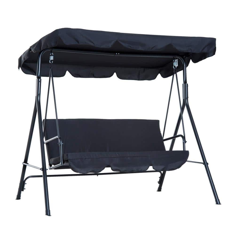 Black Steel Frame 3-Seat Outdoor Patio Swing with Adjustable Canopy