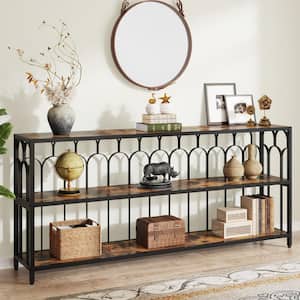 Benjamin 71 in. Rustic Brown Rectangle Wood and Metal Console Table, 3 Tier Narrow Sofa Table with Storage Shelves